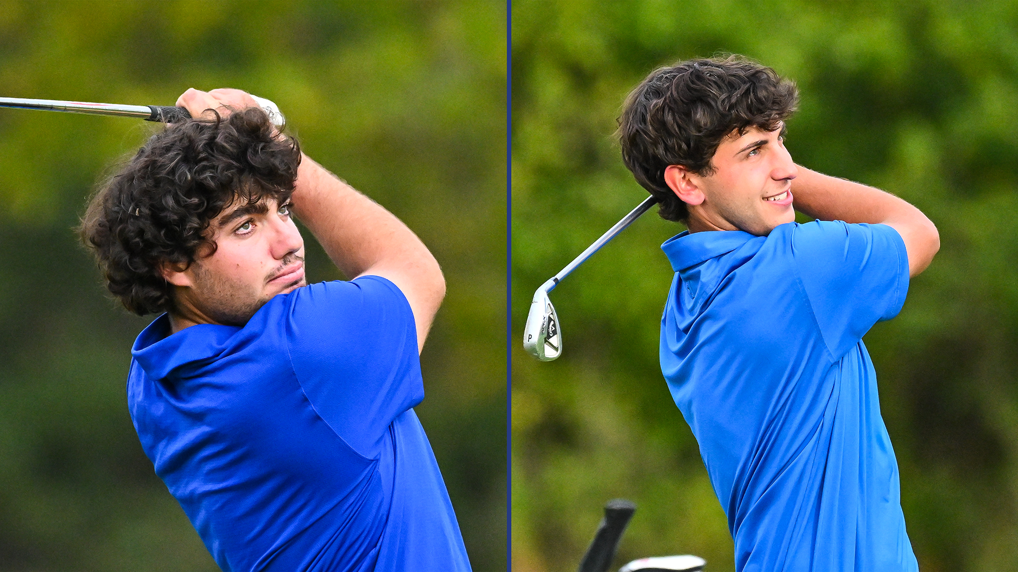 Men's Golfers Ramon Aroca Gonzalez and Jake Hendelman watch their iron shots on the driving range during practice in September 2025