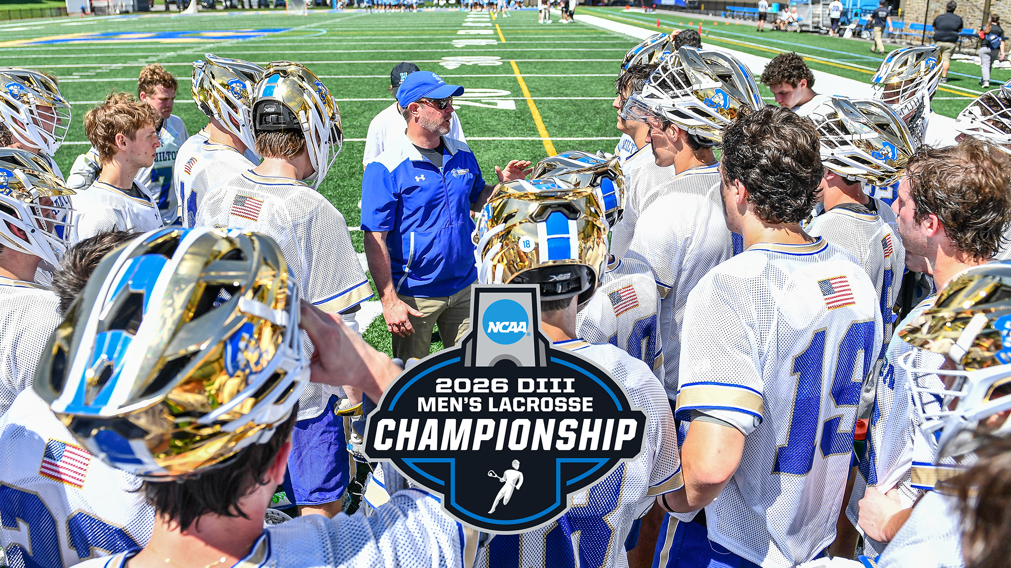 Men's Lacrosse players listen to coach Scott Barnard at halftime during a 2026 game
