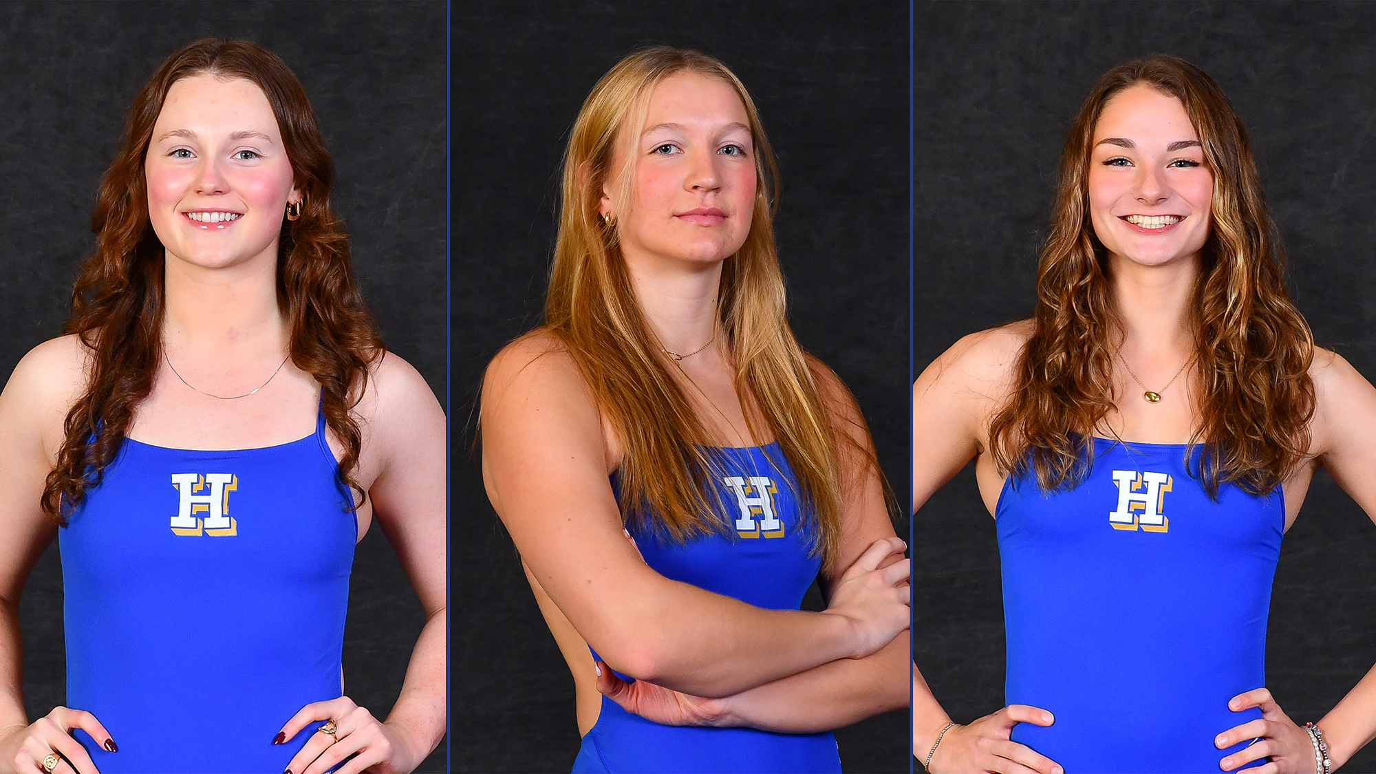 Candid photos of three Women's Swimming and Diving scholar all-Americans for 2025-26 season
