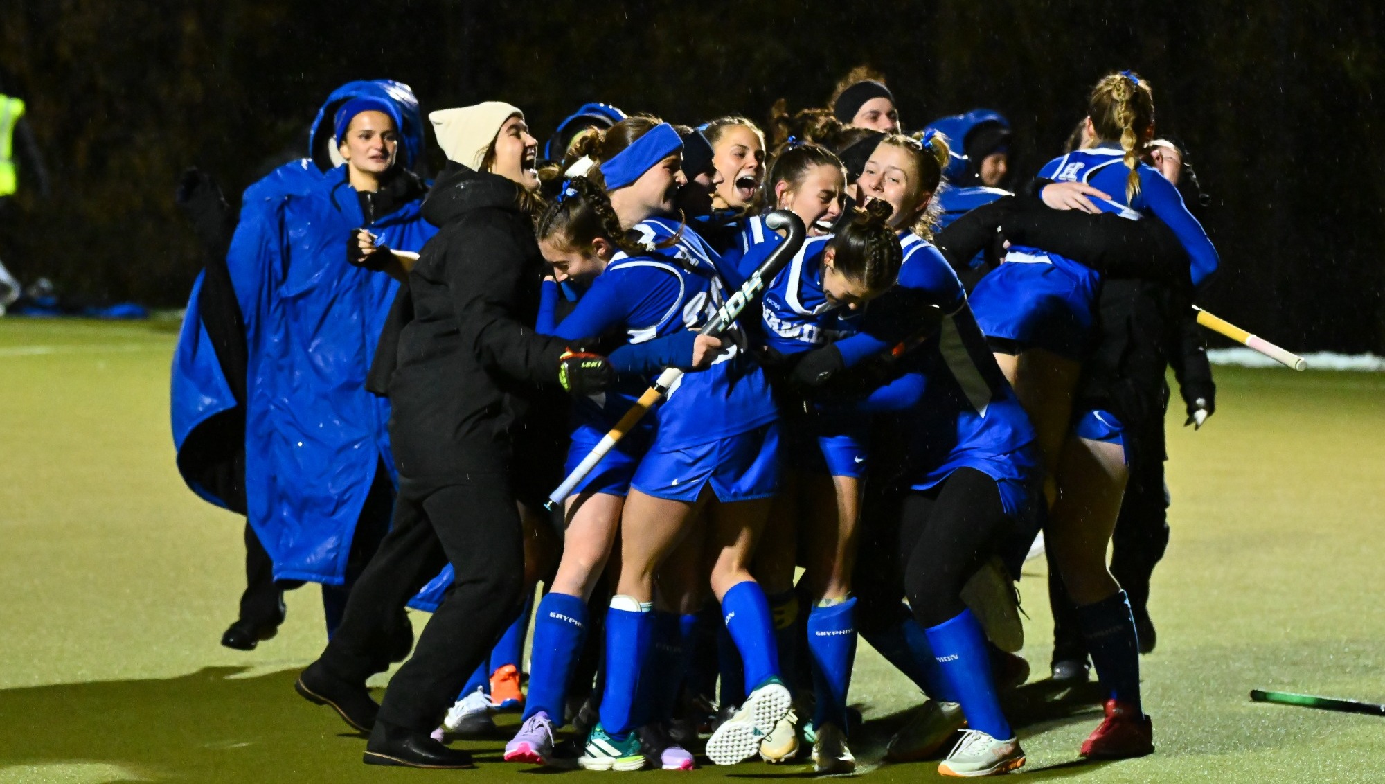 Field Hockey players celebrate their game-winning goal in the 2025 NCAA championship first round