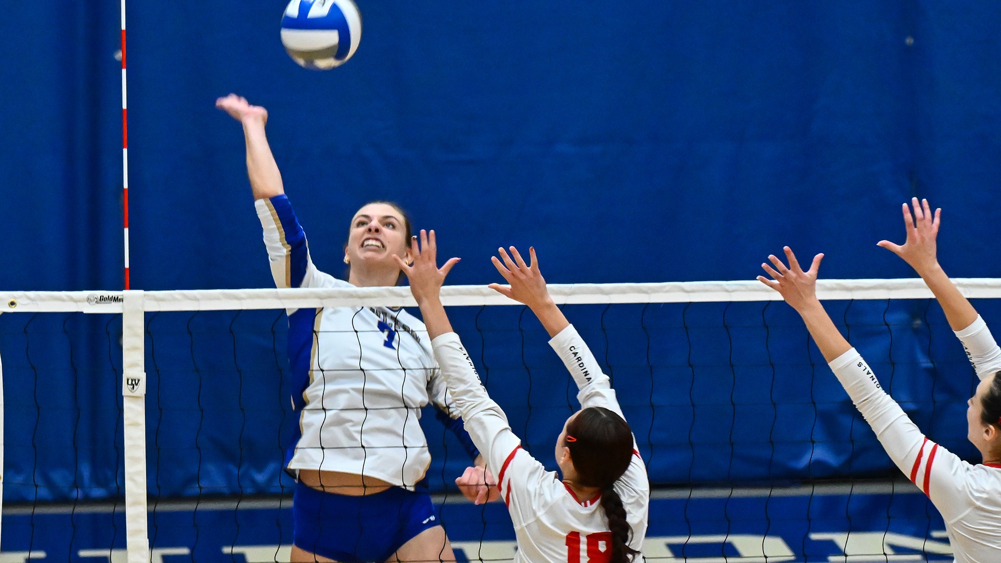 Kathryn Fox jumps up to smash the volleyball for a kill against Wesleyan
