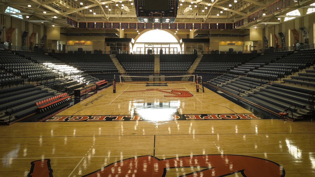 An interior view of DeVos Fieldhouse Main Volleyball Court