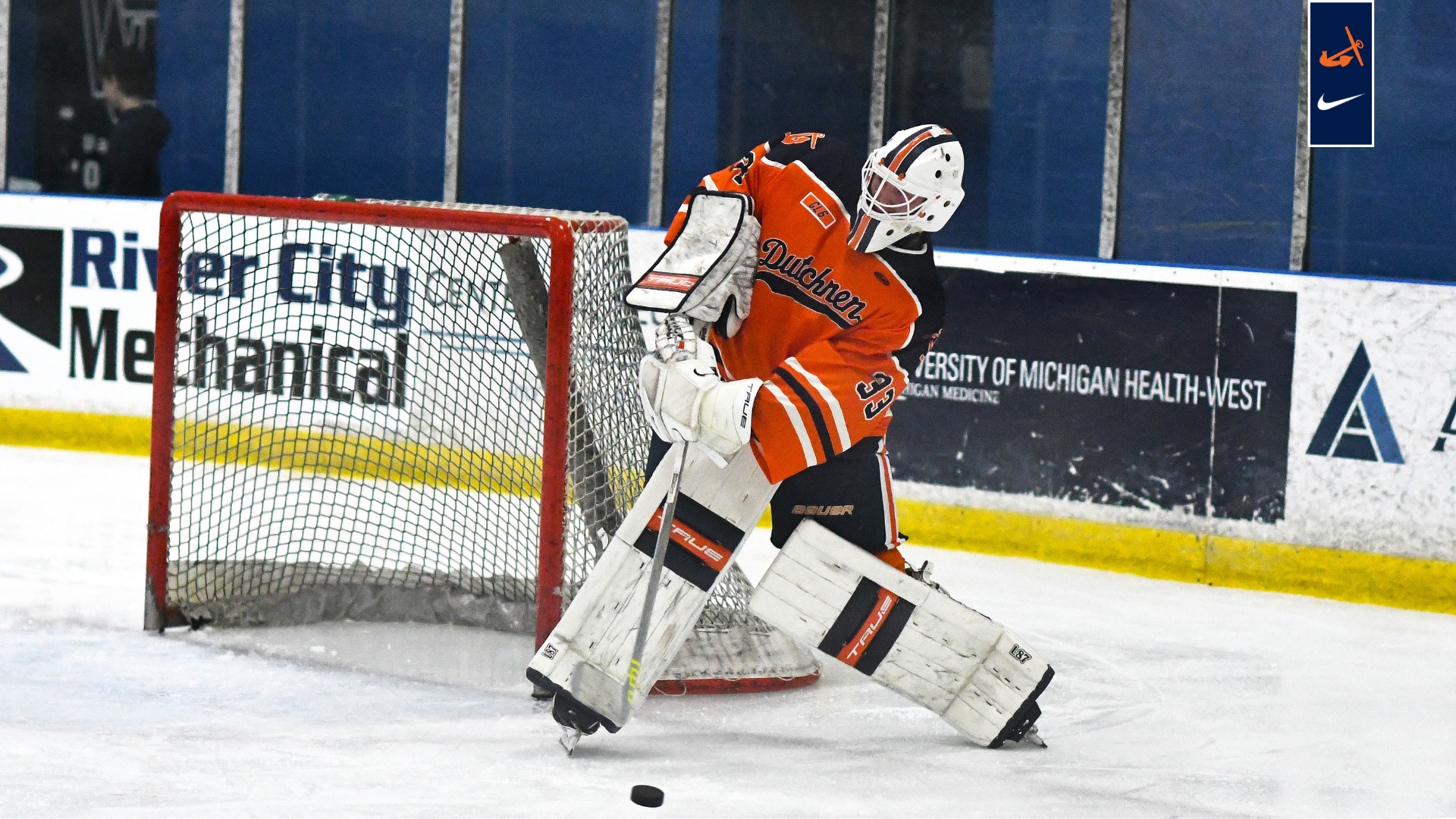 Goalie Sebastian Wigfield clears the puck vs. Northwood.