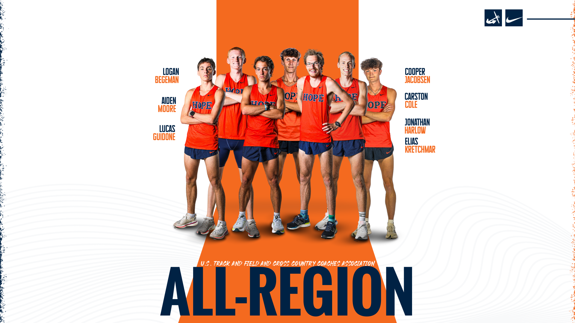 Seven Hope men's cross country runners pose for portraits.