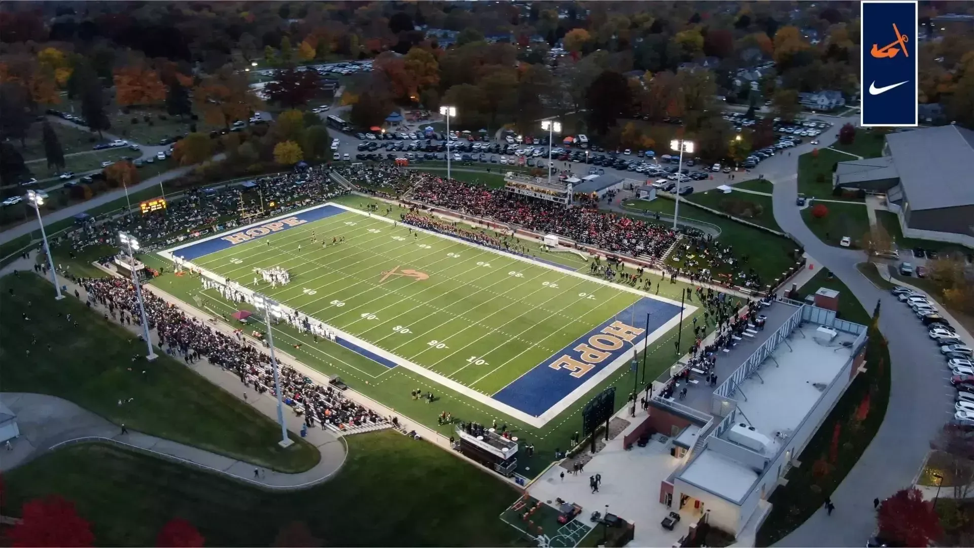 Aerial view of Smith Stadium before a Hope-Calvin football game.