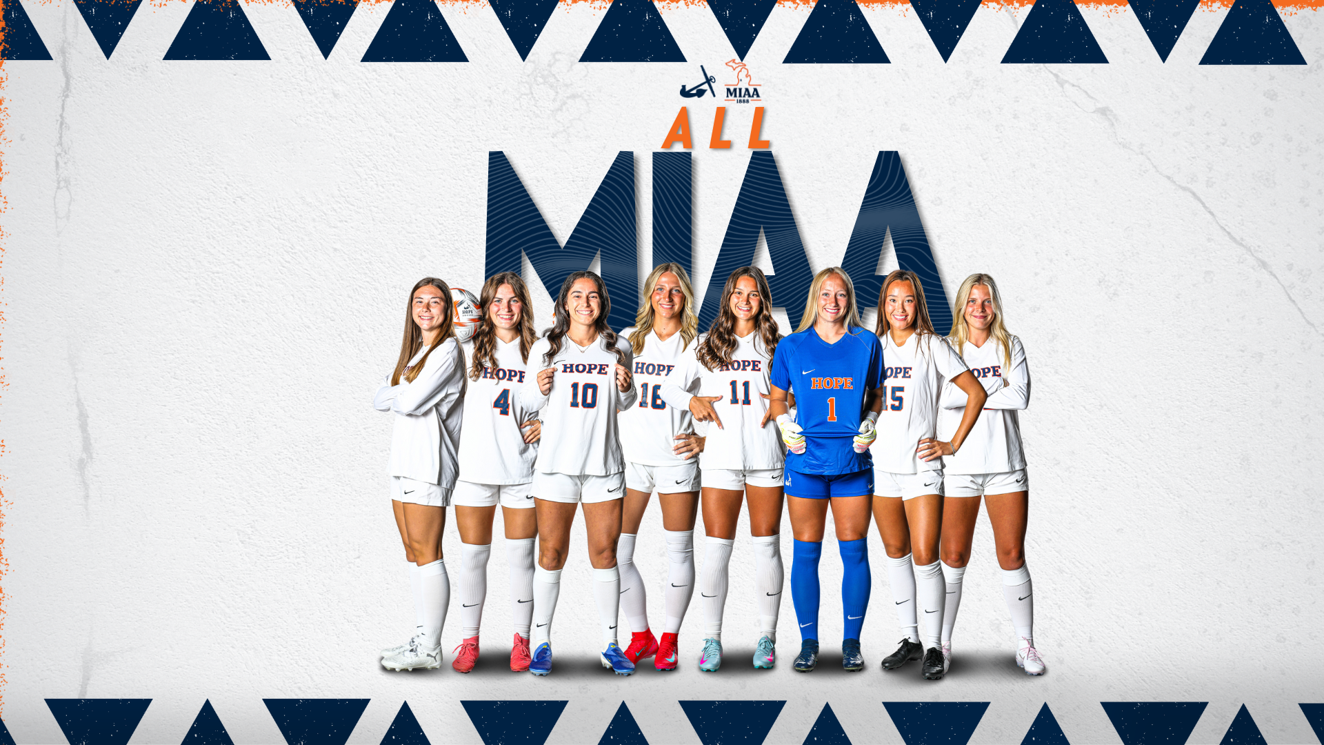 Eight Hope women's soccer players pose for portraits.