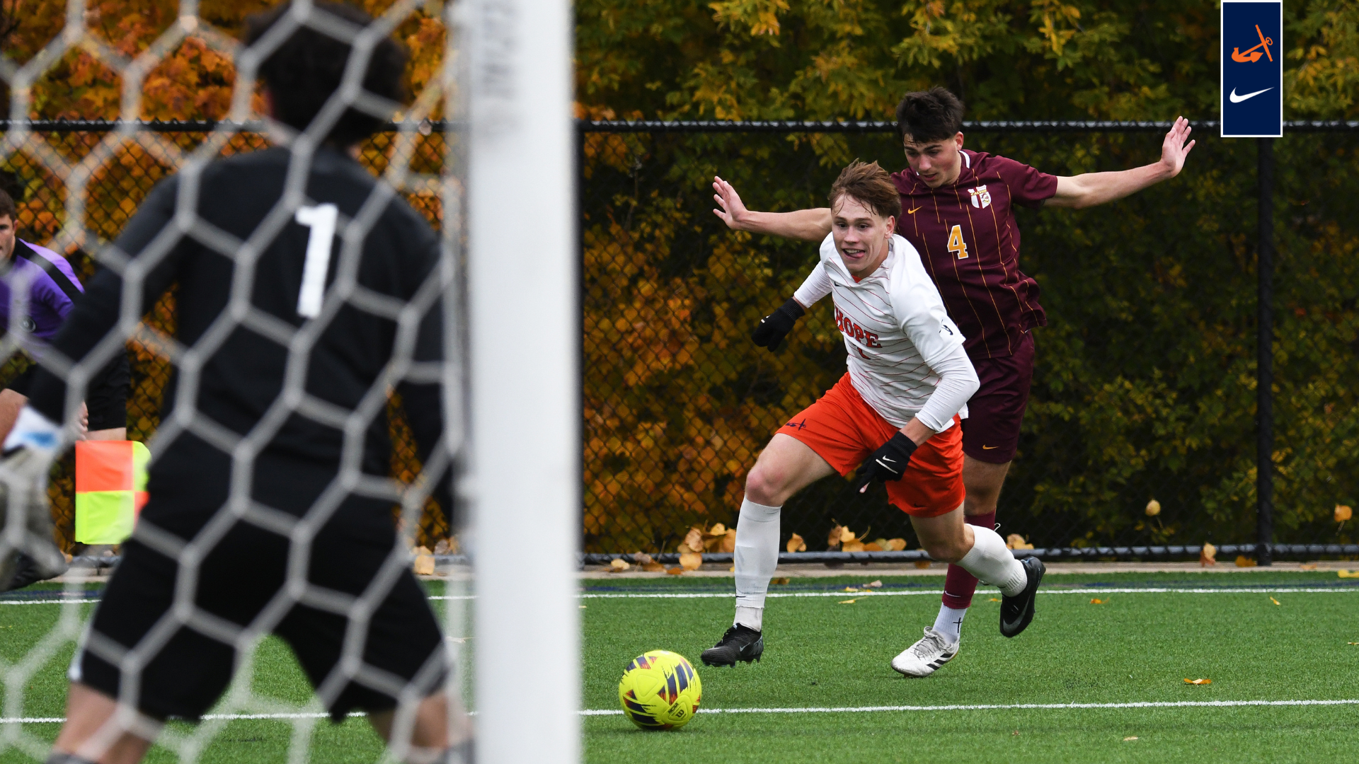 Ryker Corstange looks toward the Calvin goal.