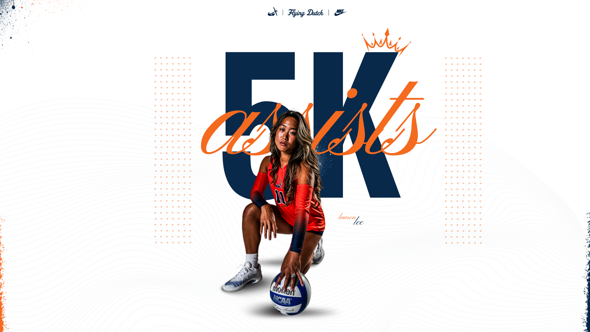 Lauren Lee kneels on one knee next to a volleyball.