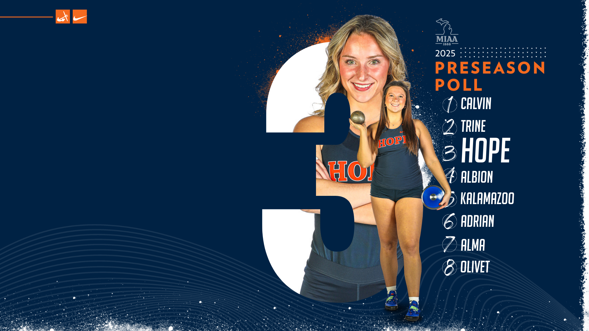 A Hope women's sprinter and thrower pose for portraits.