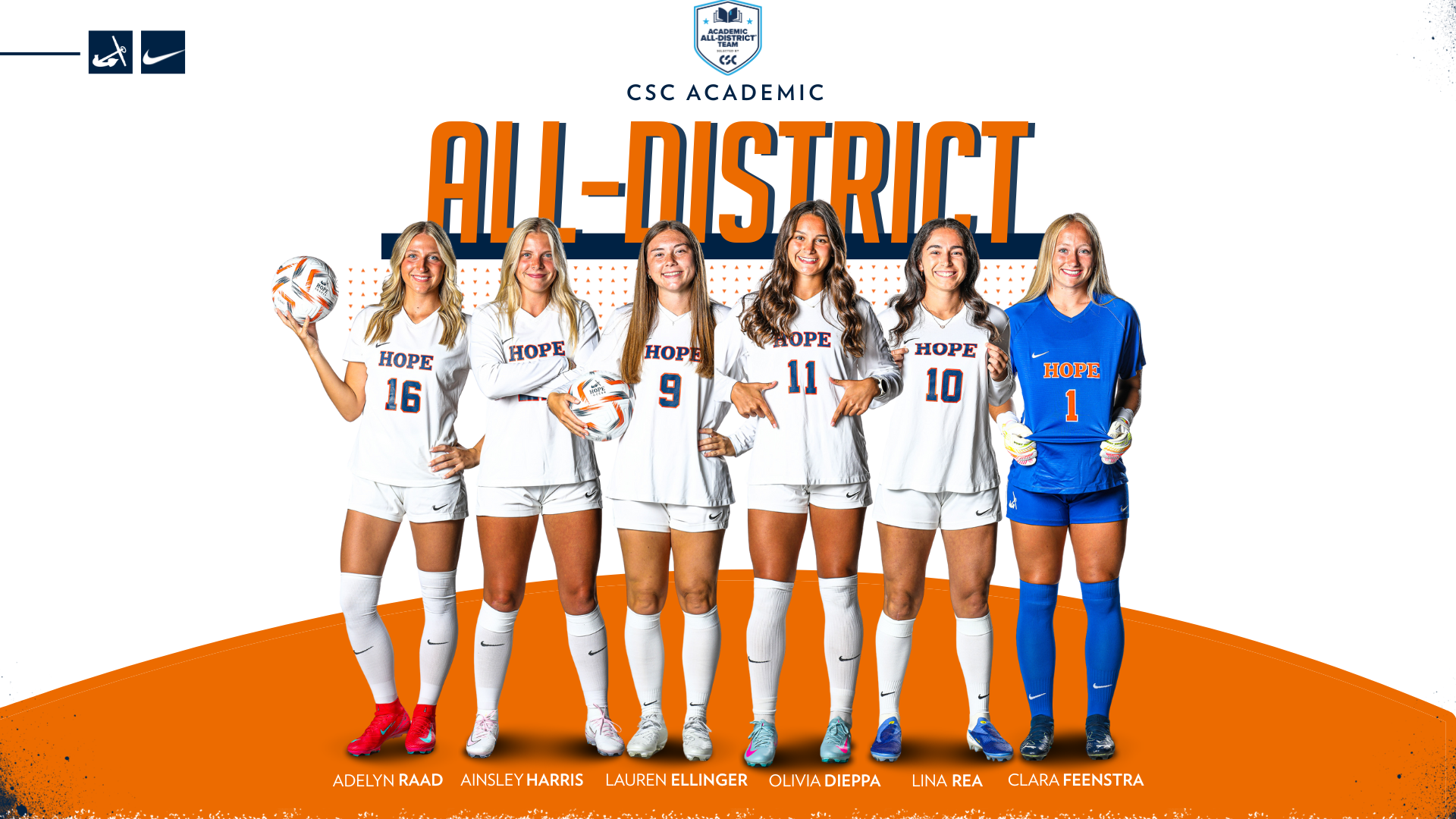 Six Hope women's soccer players pose for portraits.