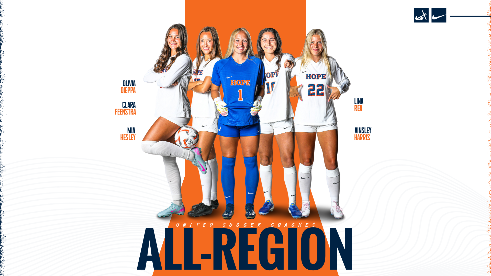 Five Hope women's soccer players pose for portraits.