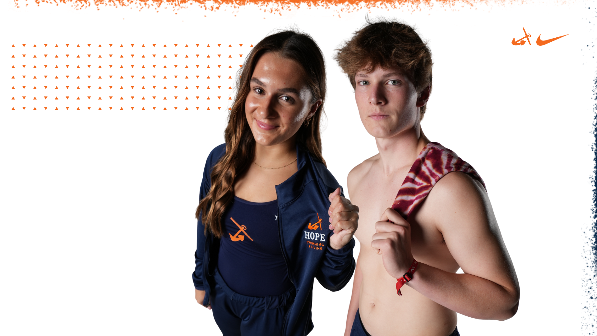 Divers Grace Dawon and Finn Sanders pose for portraits.