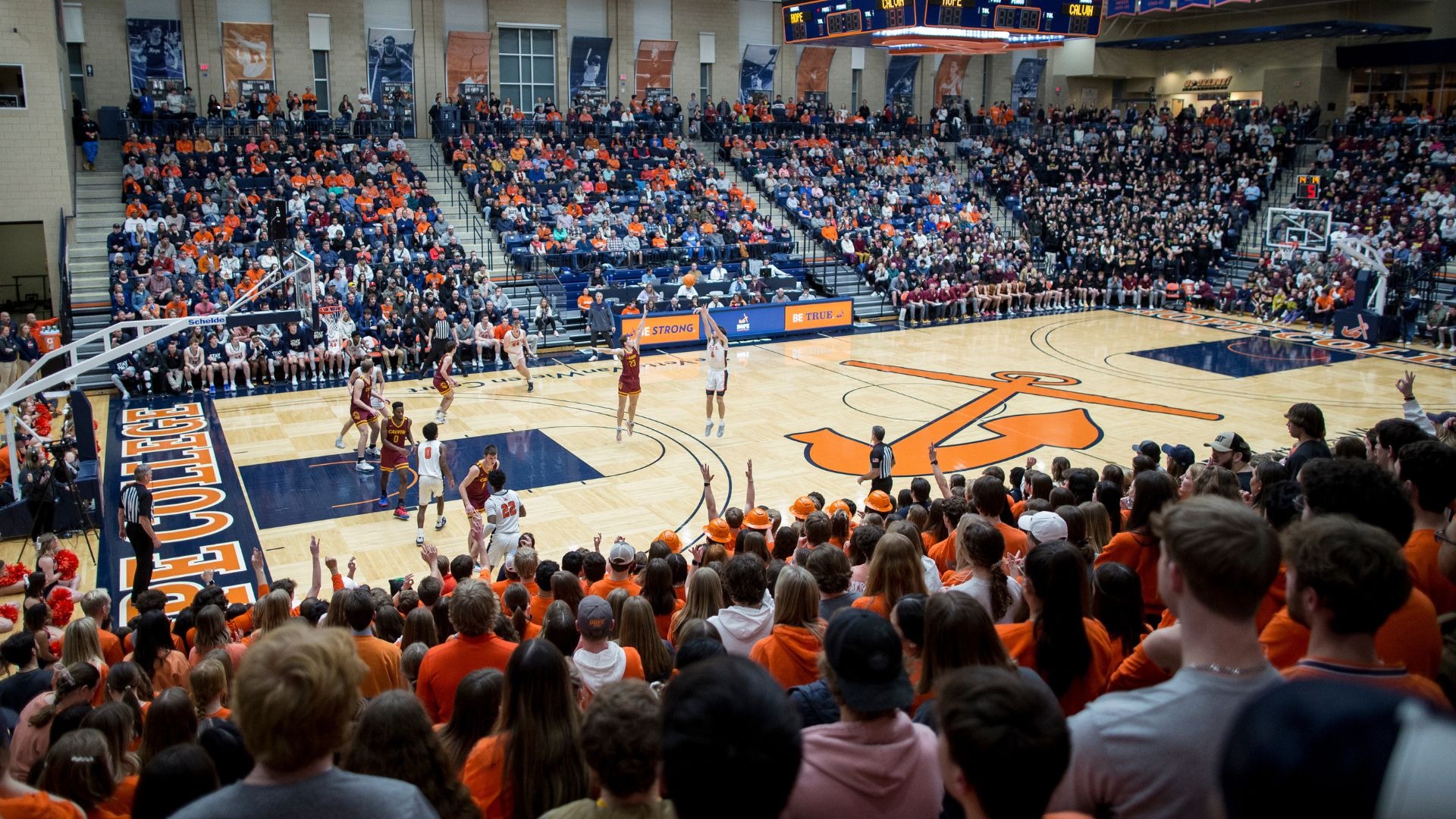 View of the stands from a Hope-Calvin men's basketball game at DeVos Fieldhouse.