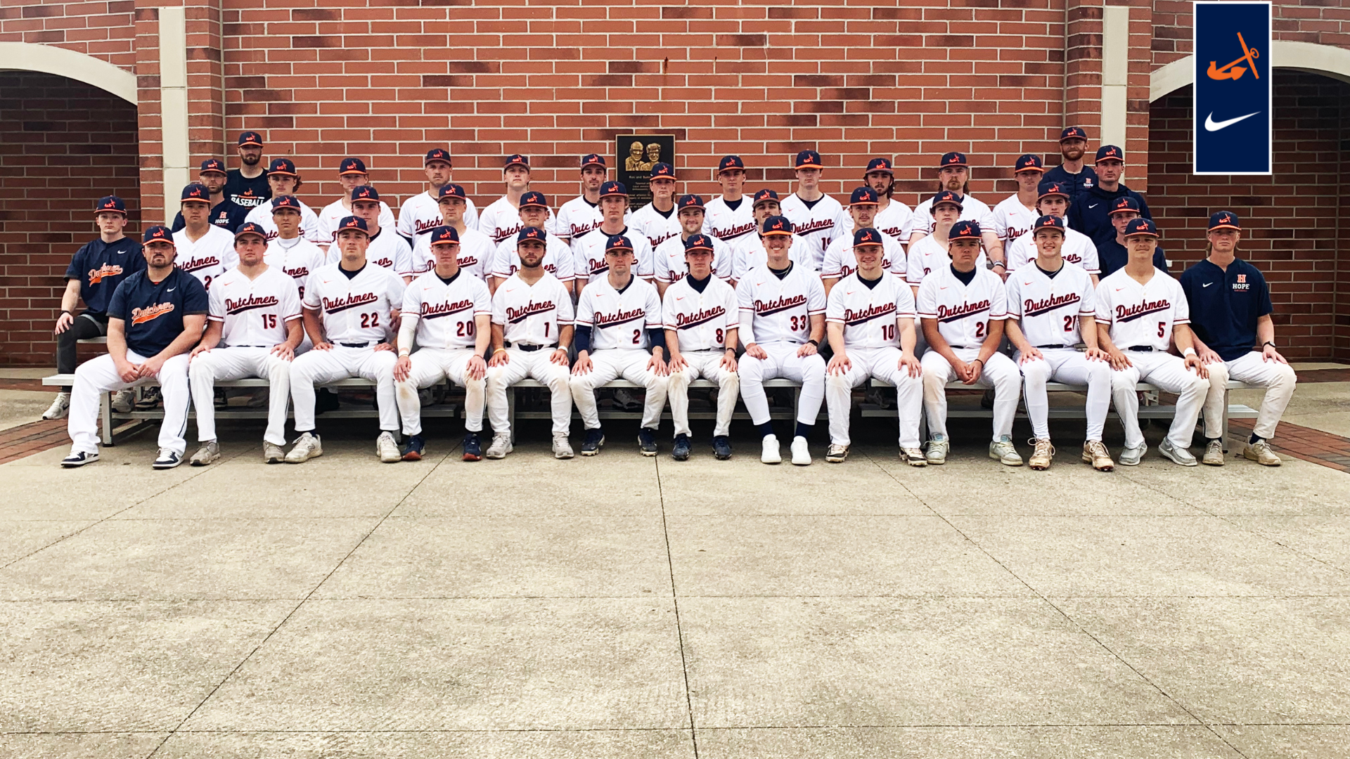 The Hope College baseball team poses for a group photo outside of Boeve Baseball Stadium.