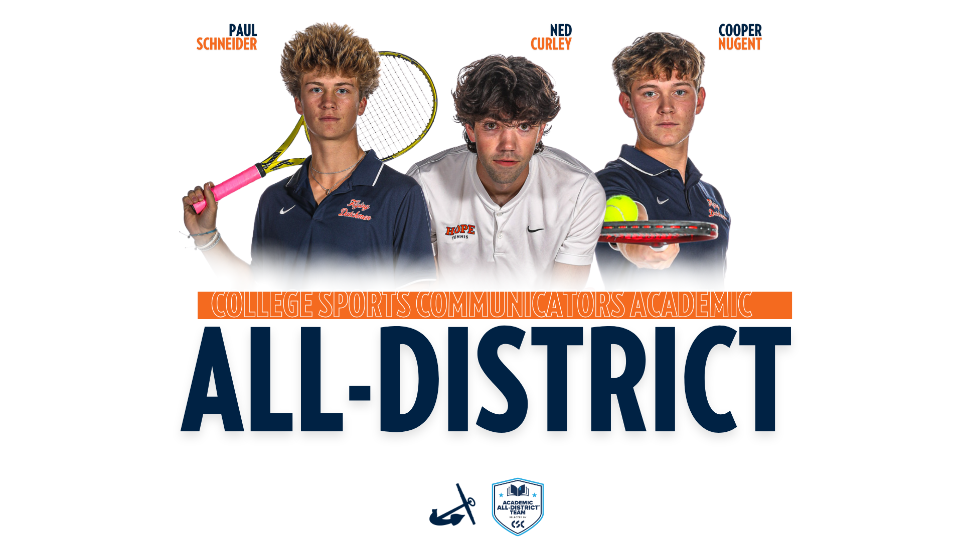 Three Hope men's tennis players pose for portraits.