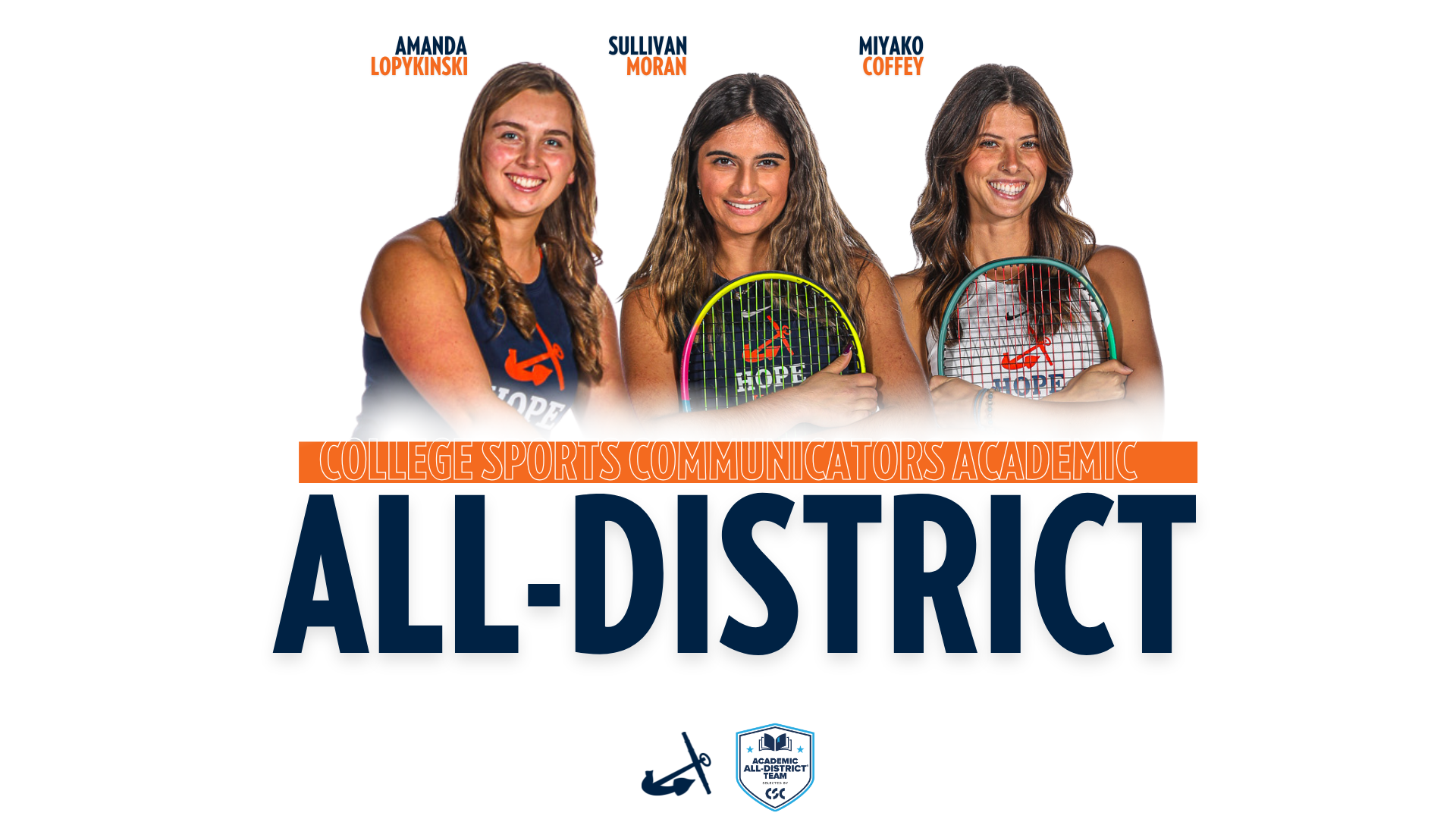 Three Hope women's tennis players pose for portraits.
