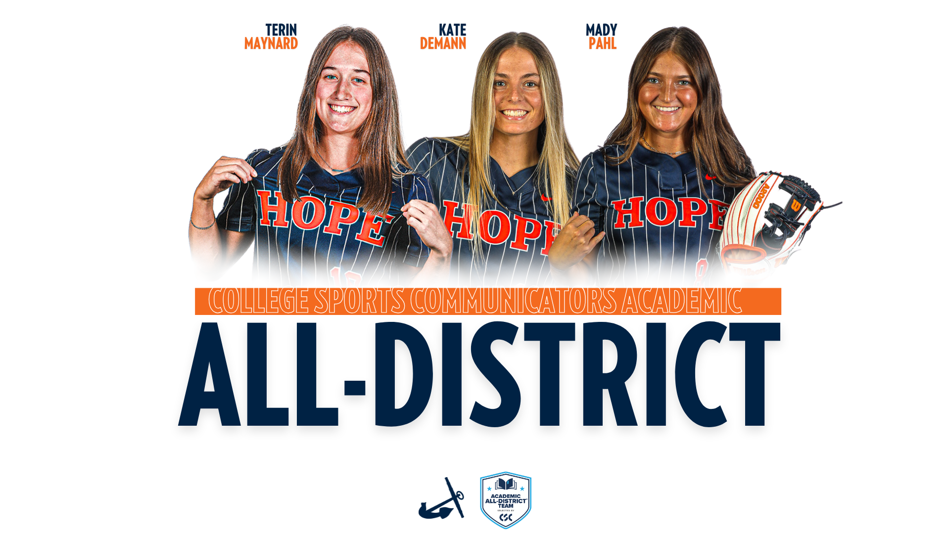 Three Hope softball student-athletes pose for portraits.