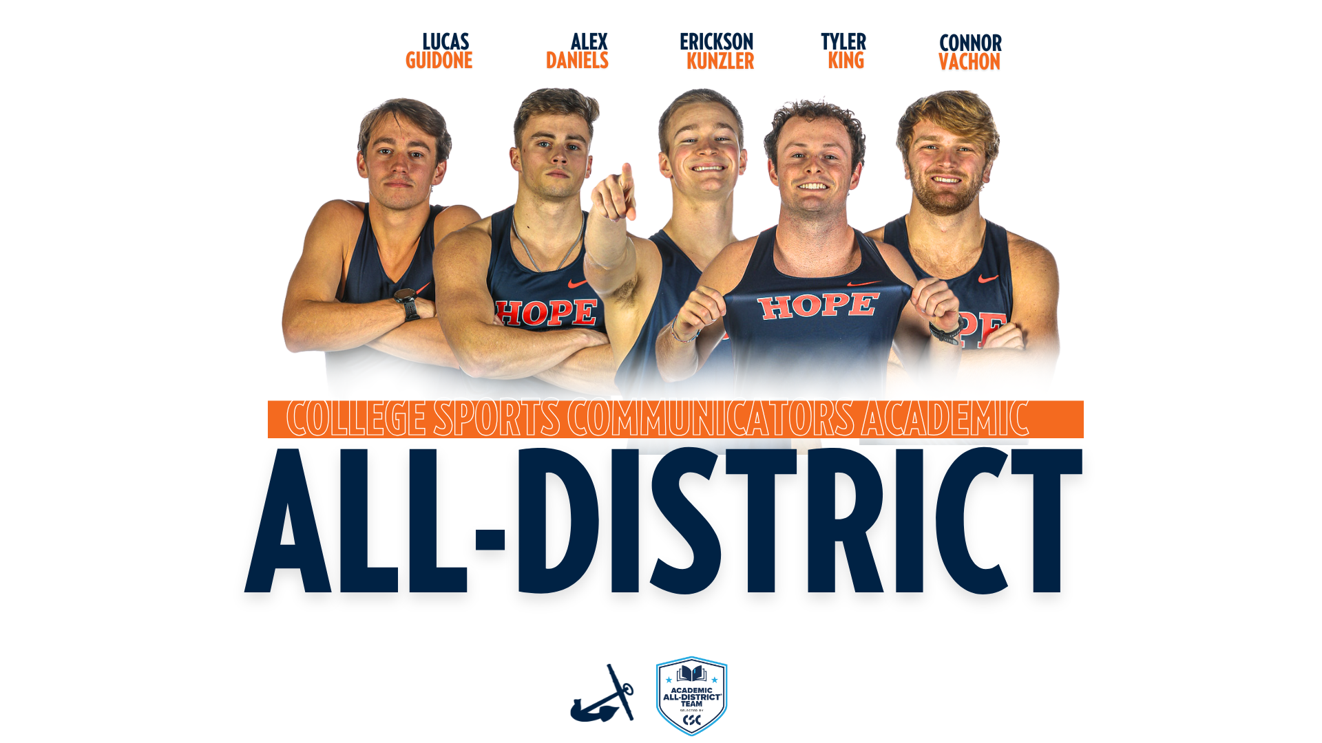 Five Hope men's track and field athletes pose for portraits.