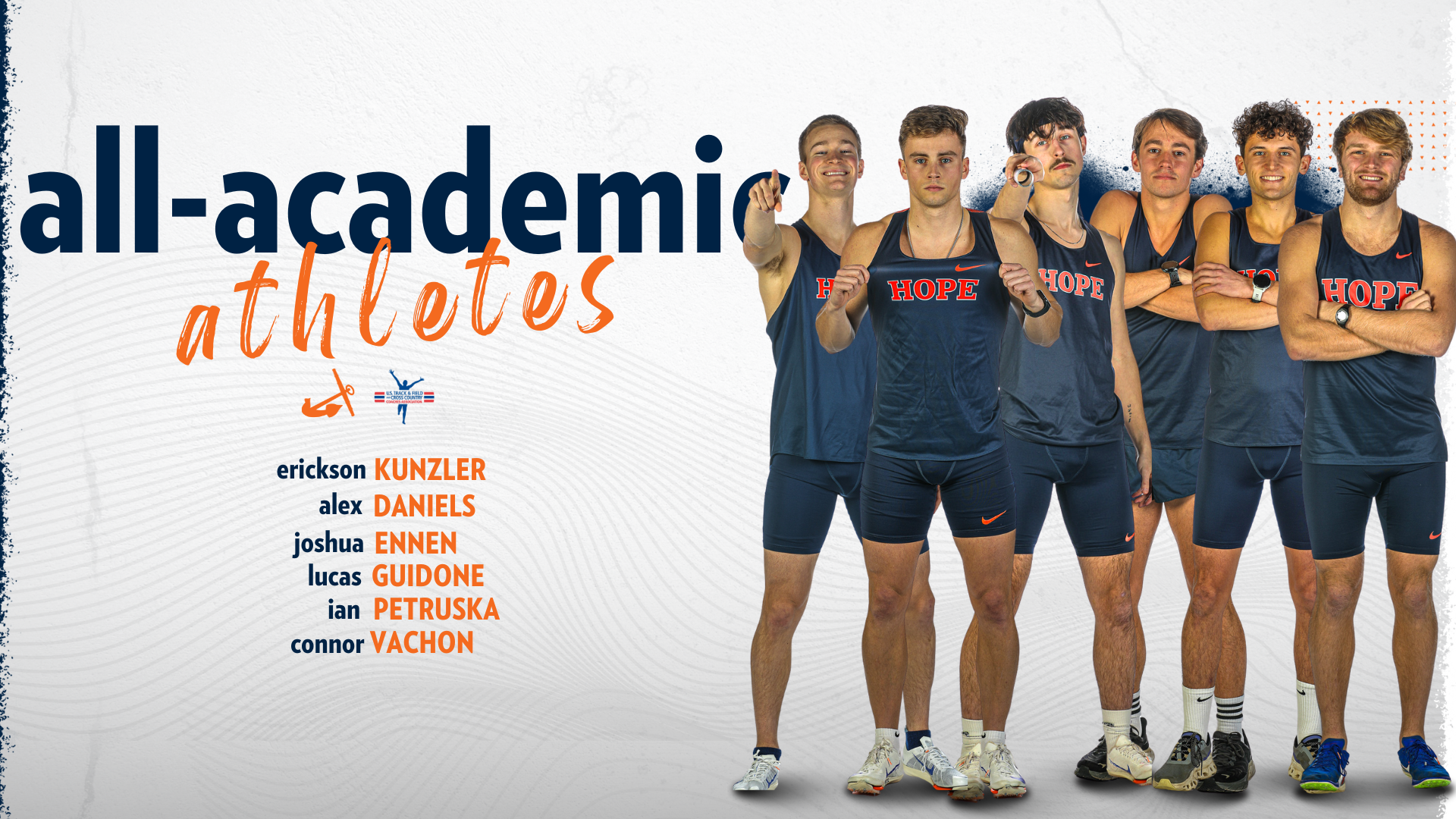 Six Hope College men's track runners pose for portraits.