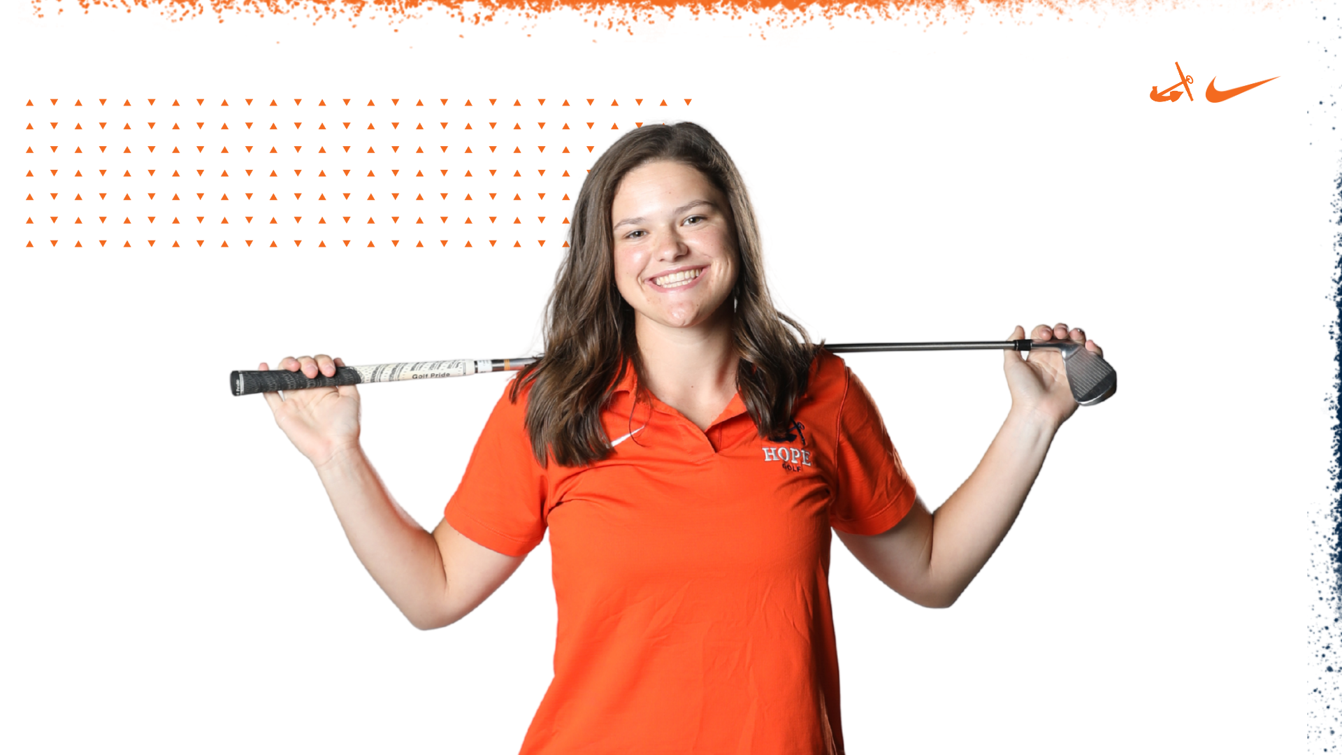 Golfer Rachael Jones holds a club on her shoulders.