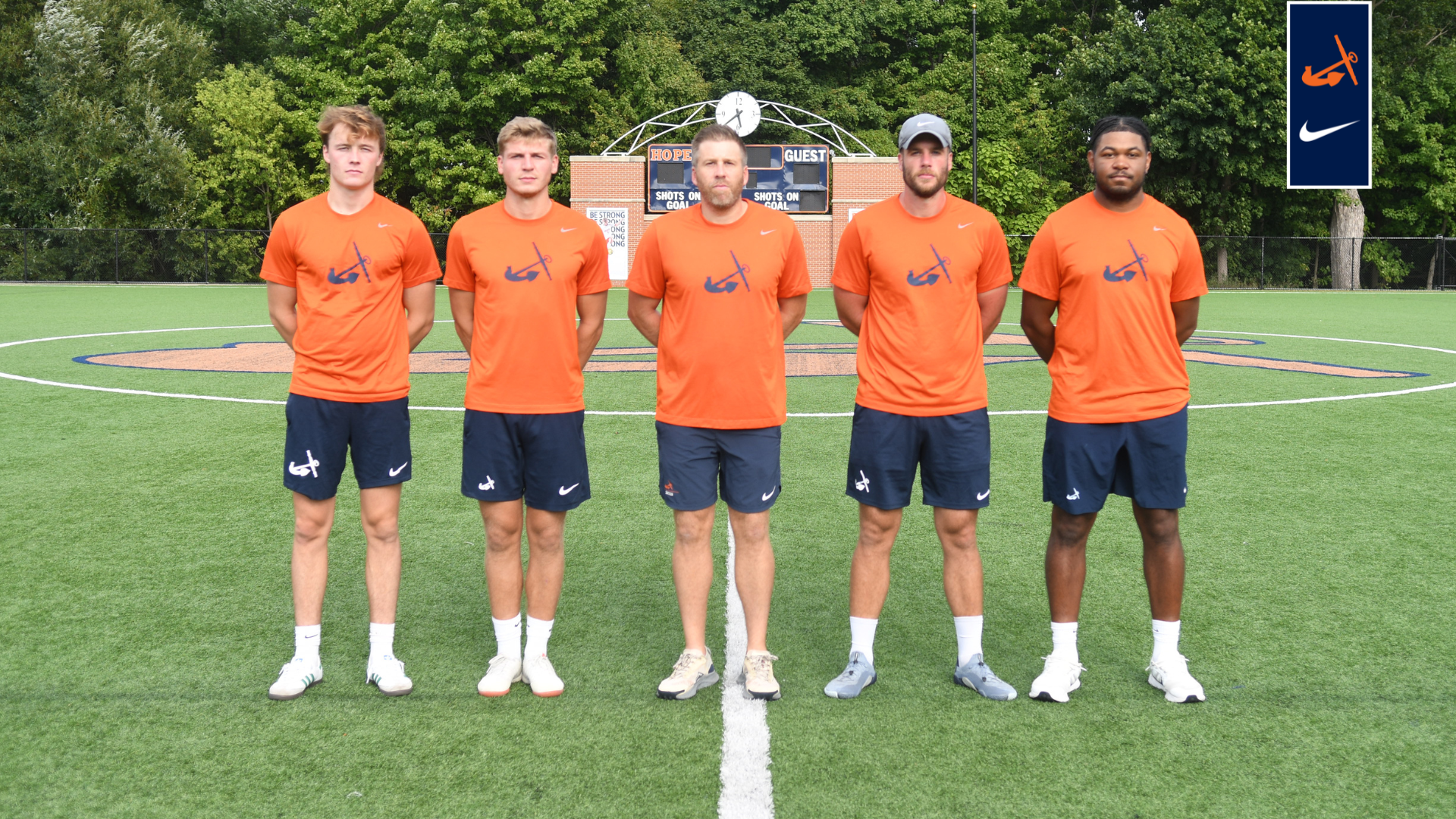 Five Hope College men's soccer coaches poses for portraits.