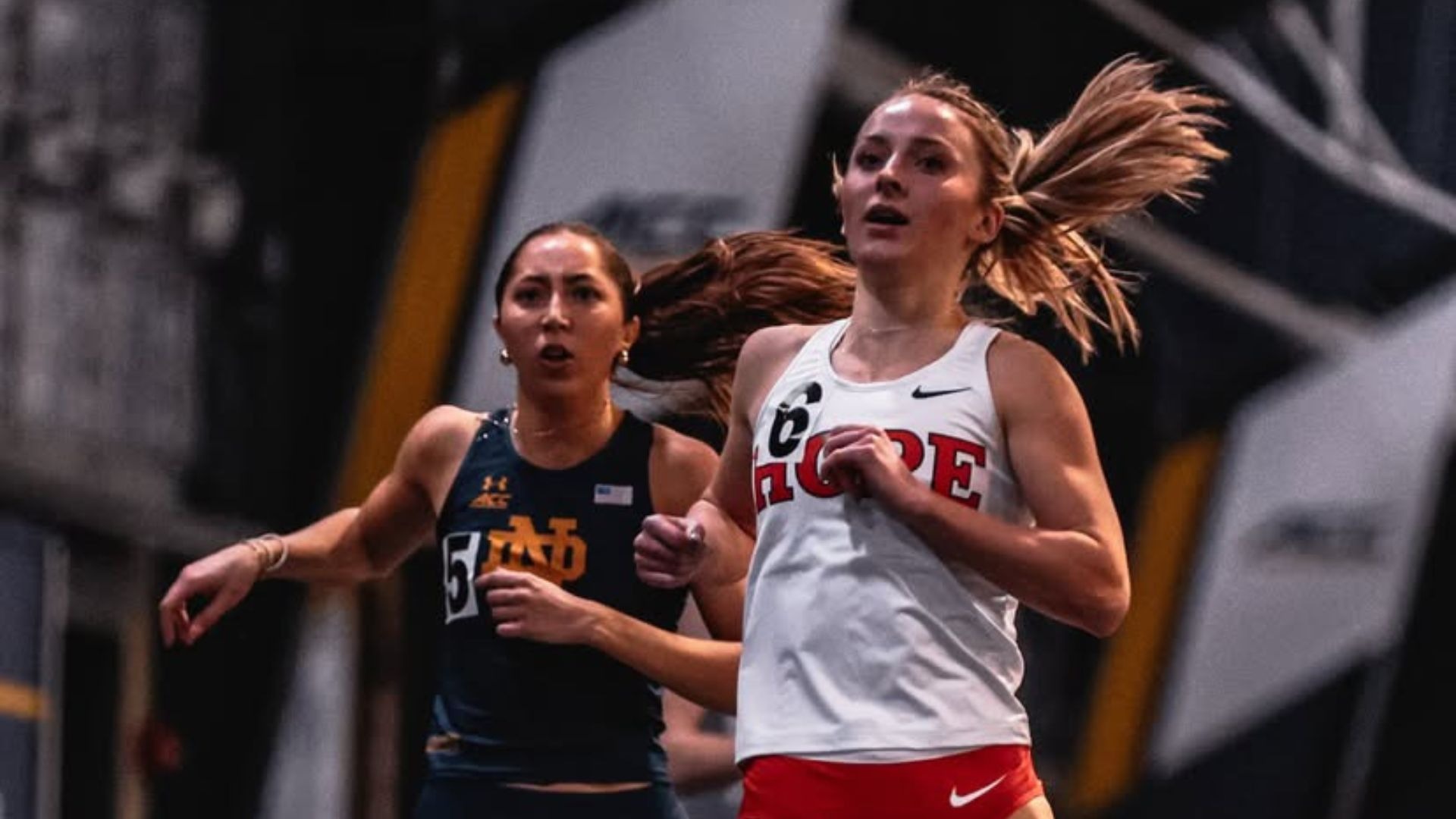 Track sprinter Saraa Schermerhorn crosses the finish line at Notre Dame
