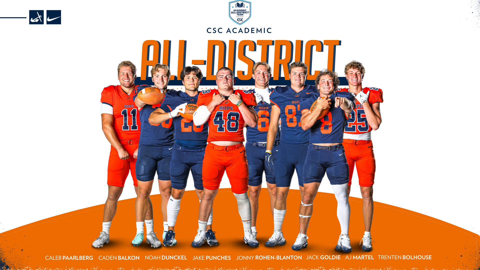 Eight Hope football players pose for portraits.