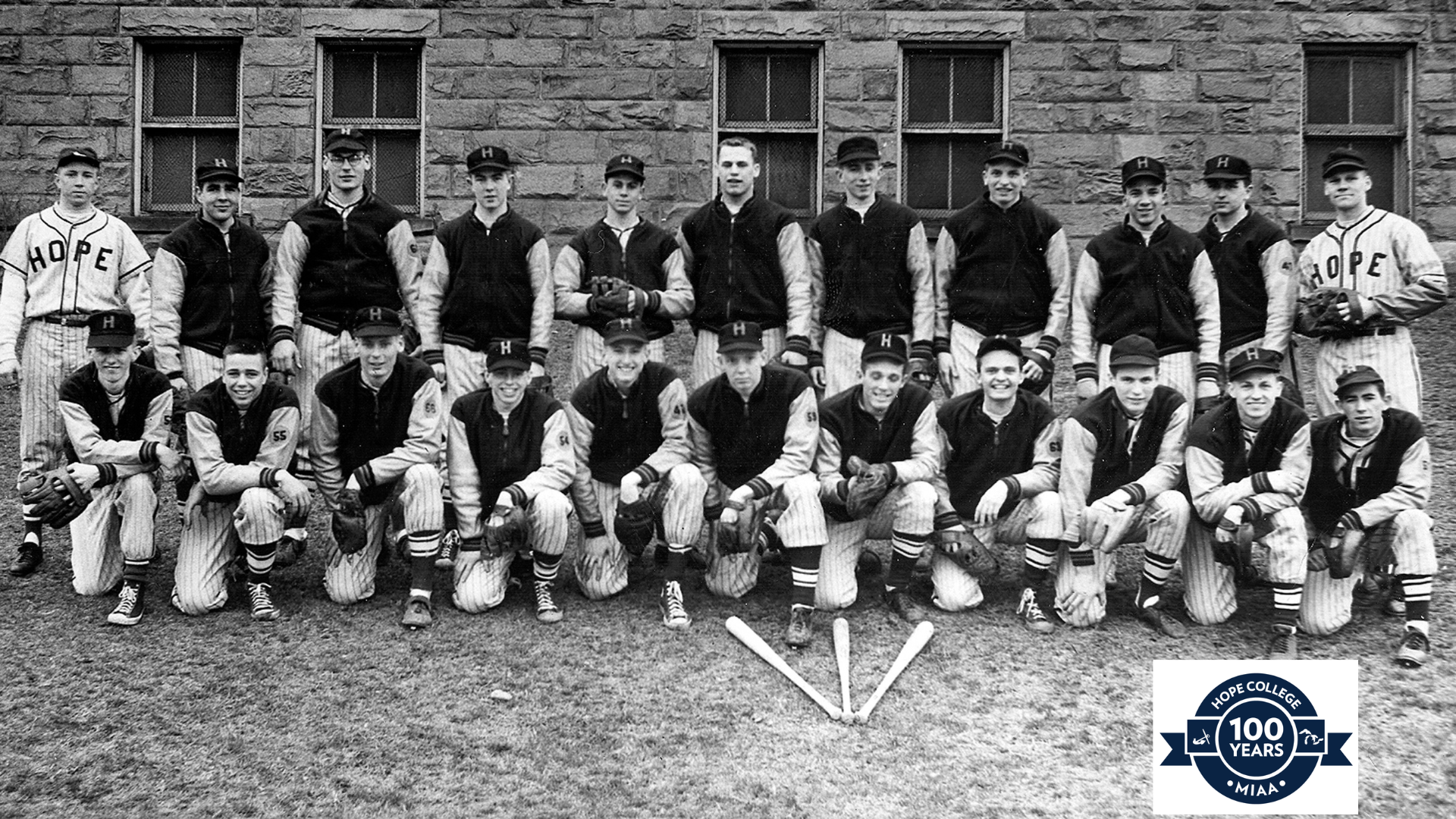 A Hope baseball team from the 1950s poses for a portrait.