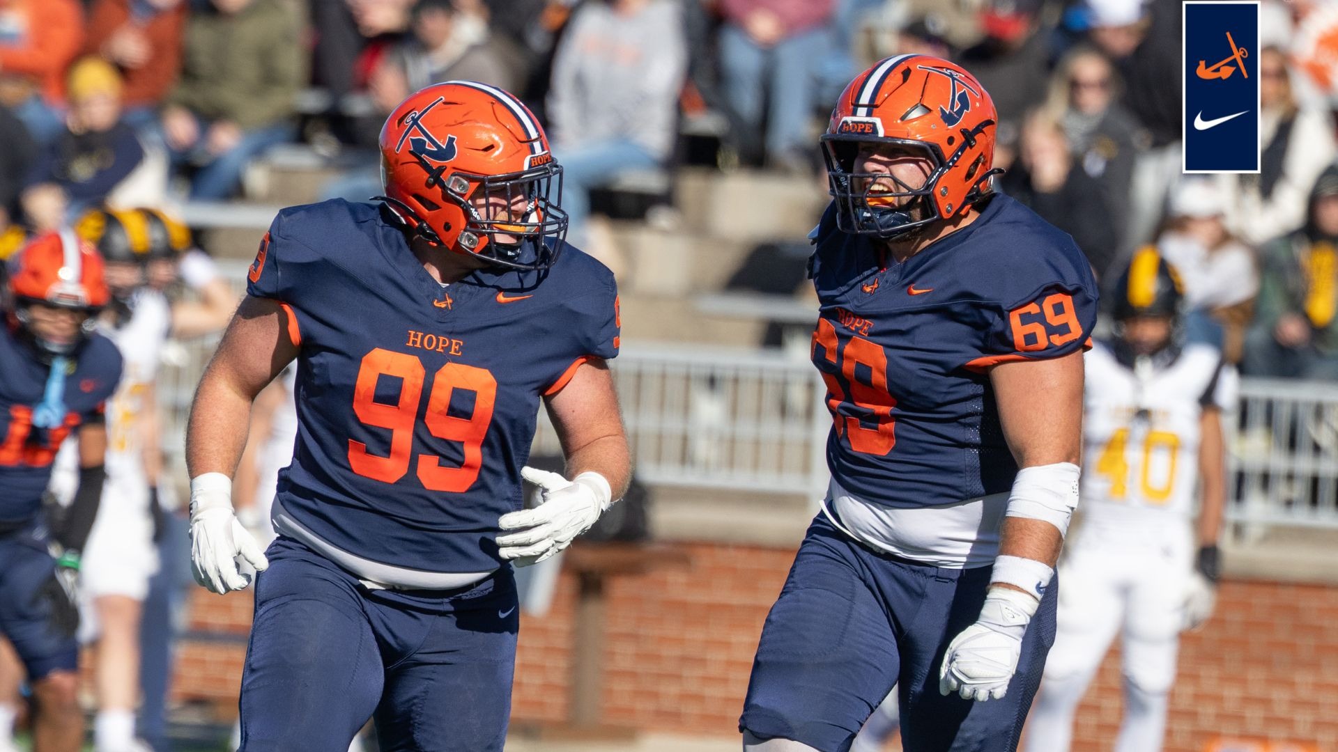 Jacob Reynolds and Tate Bezeau celebrate a stop vs. Adrian