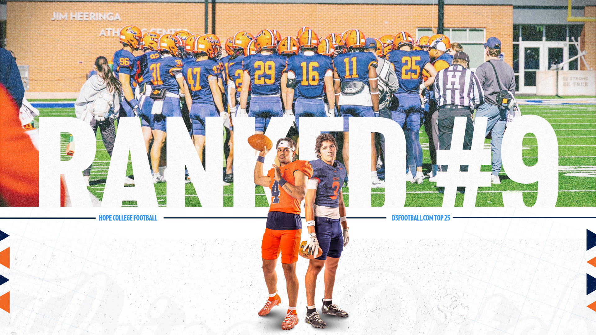 Hope football teammates huddle on the field.