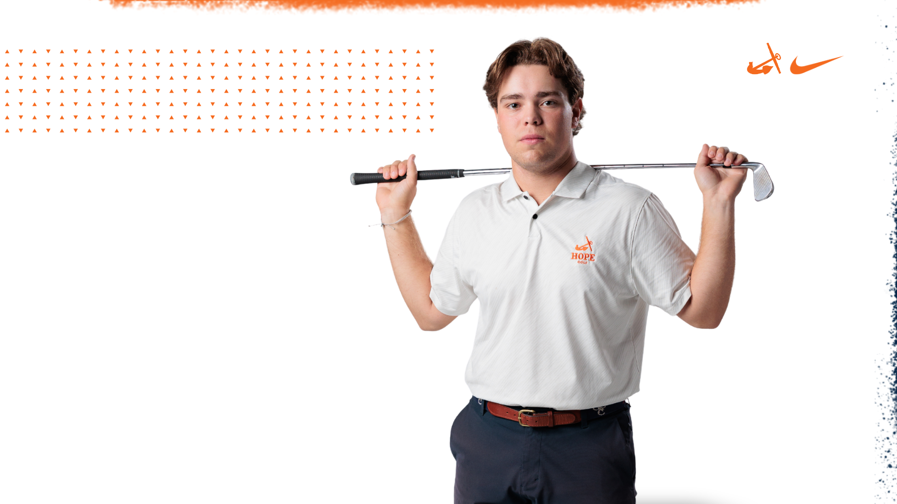 Golfer Joey Blondia holds an iron on his shoulders.