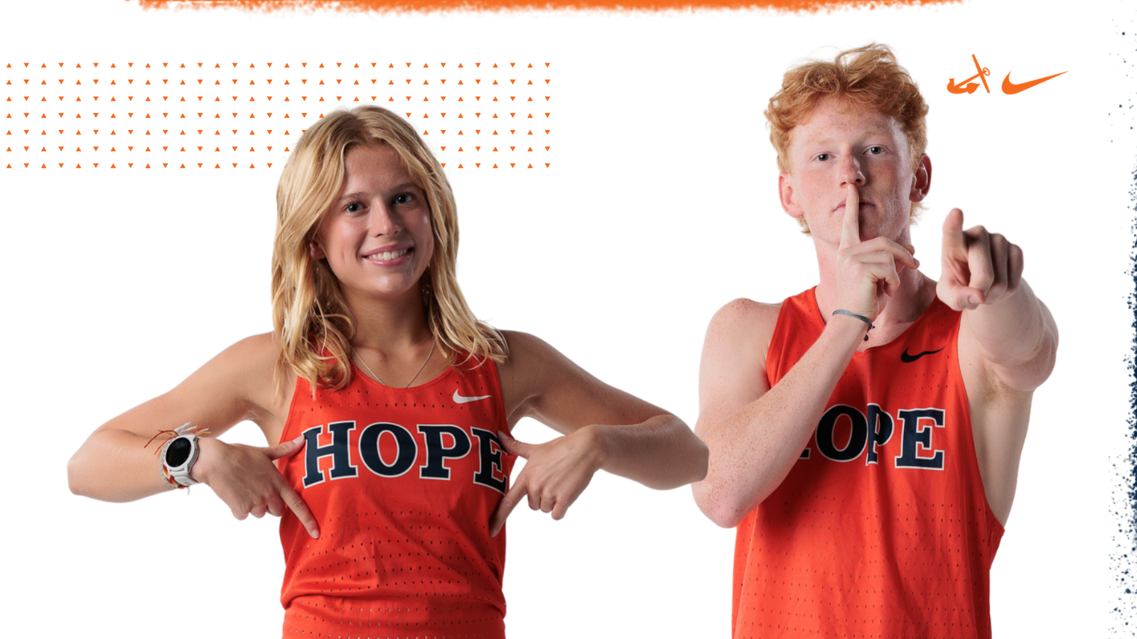 Runners Abigail Lewis and Aiden Moore pose for portraits.