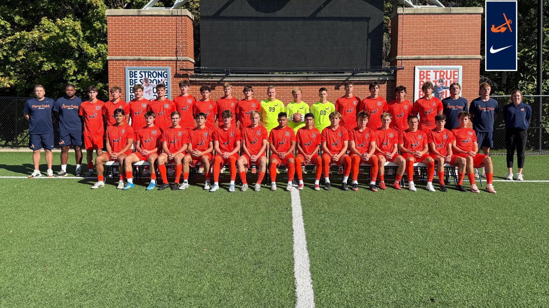 The Hope College men's soccer team poses for a team photo at Van Andel Soccer Stadium.