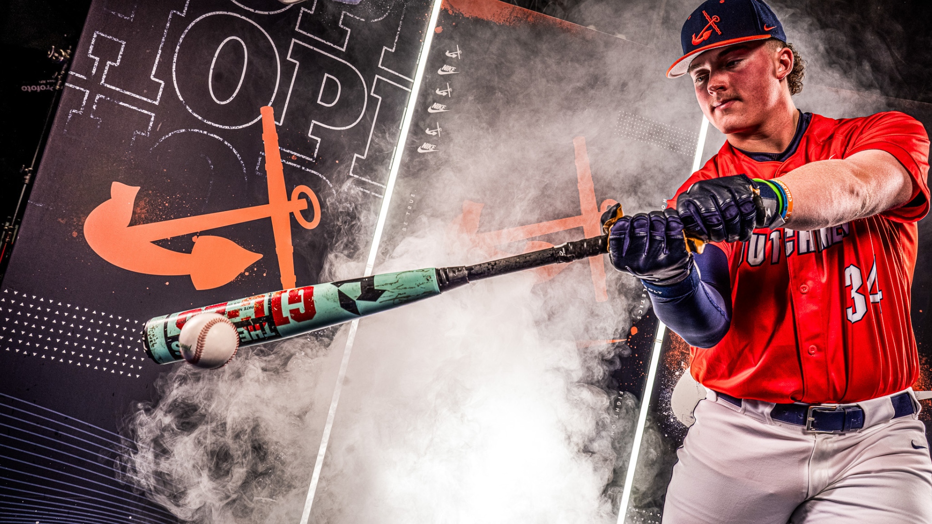 A portrait of a baseball player swinging the bat