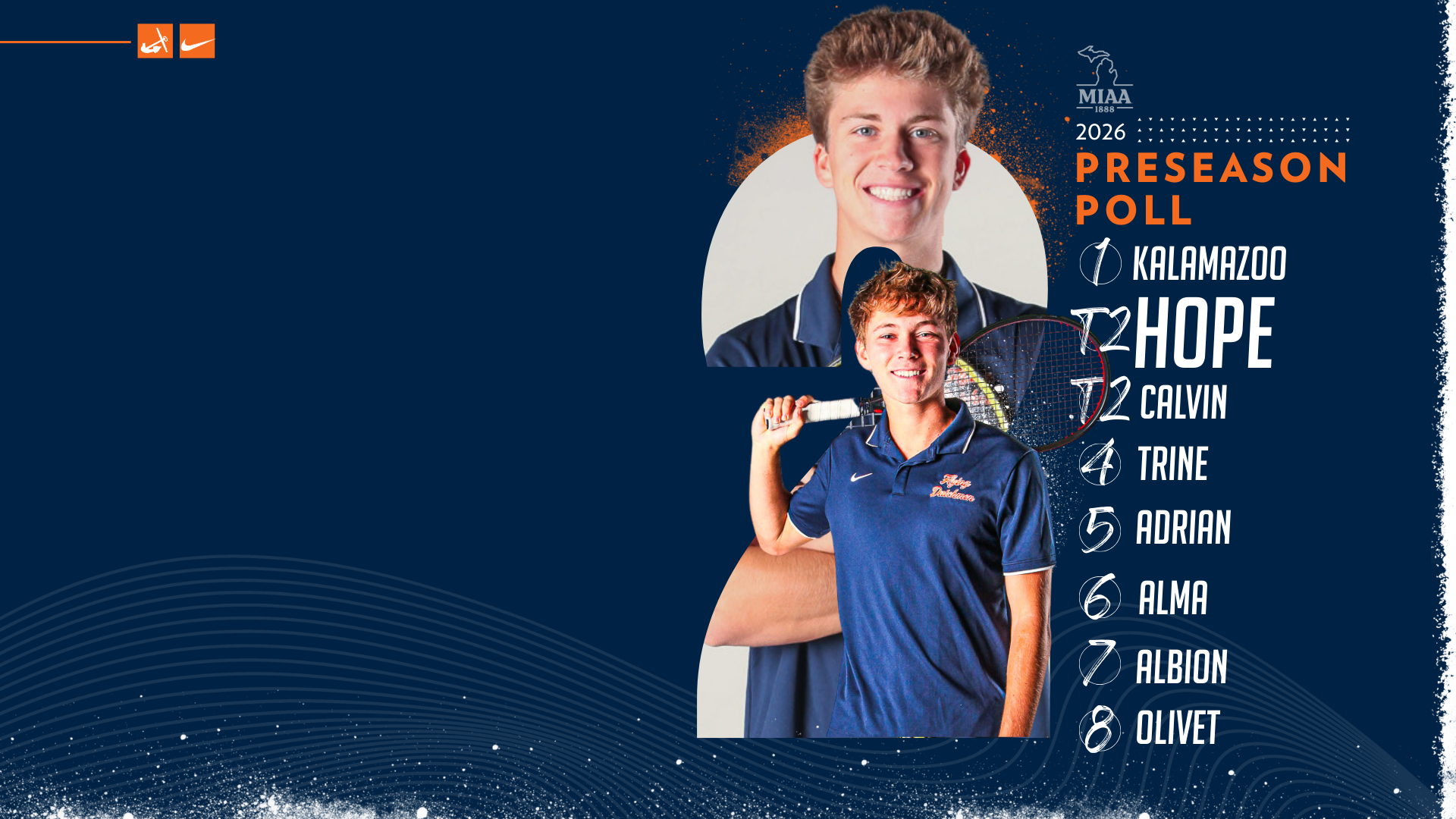 Two Hope men's tennis players pose for portraits.