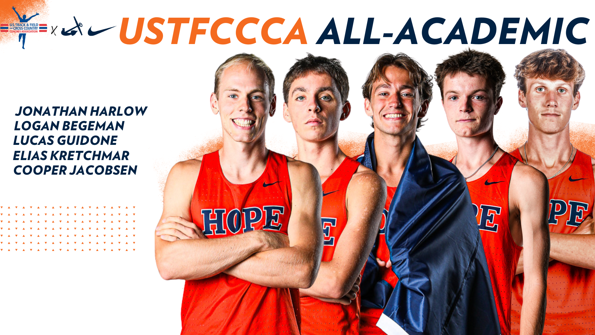 Five Hope men's cross country runners pose for portraits.