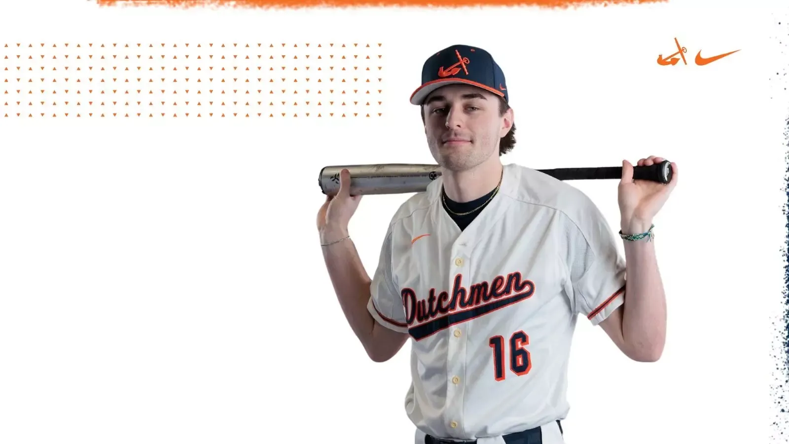 Brenden Collins holds a baseball bat on his shoulders.