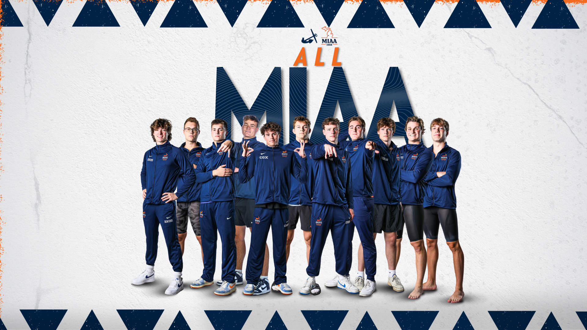 Ten Hope men's swimmers and one diver pose for portraits.