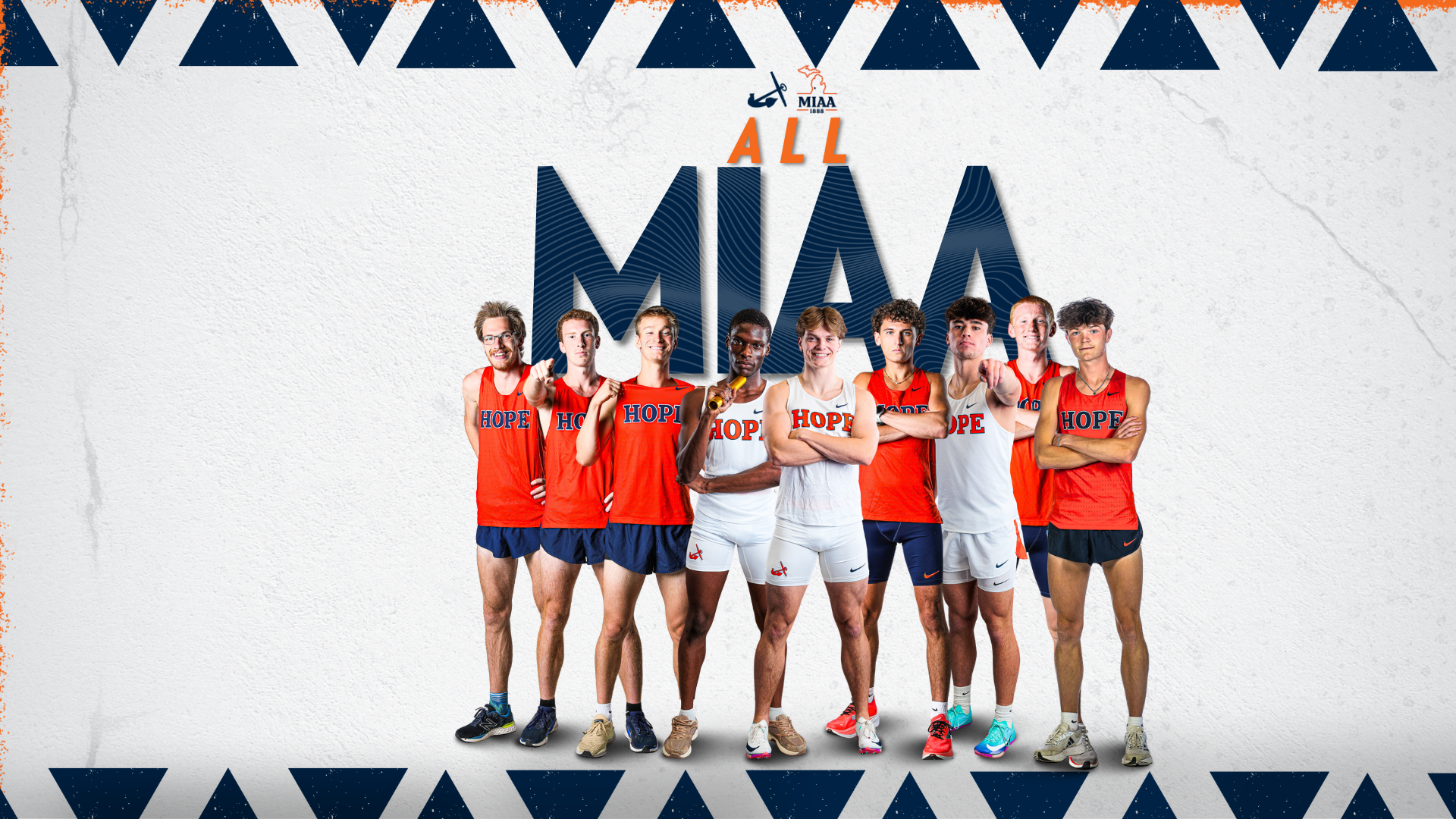 Nine men's track and field student-athletes pose for portraits.