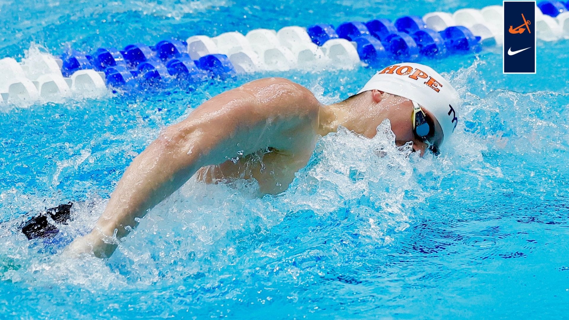 A Hope men's swimmer competes in a sprint freestyle.