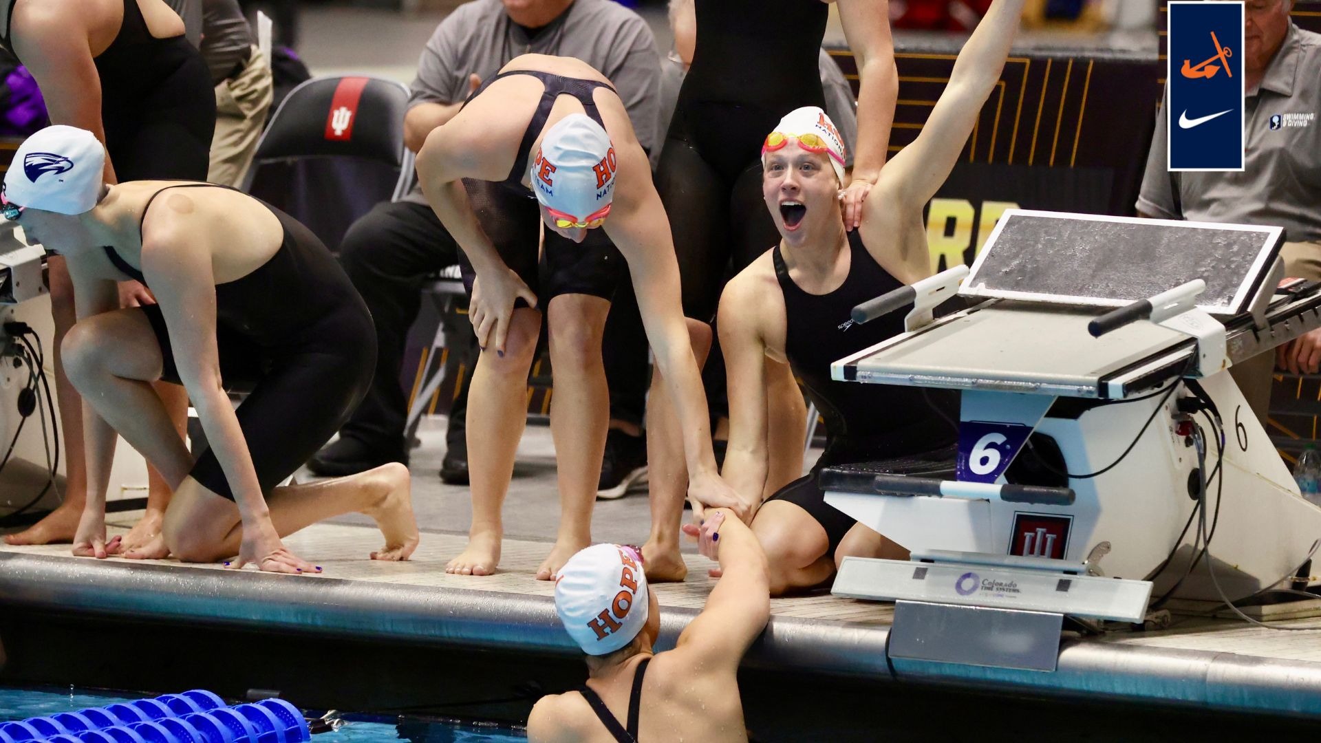 Hope swimmers celebrate after the finish of the 200 freestyle relay on Thursday.