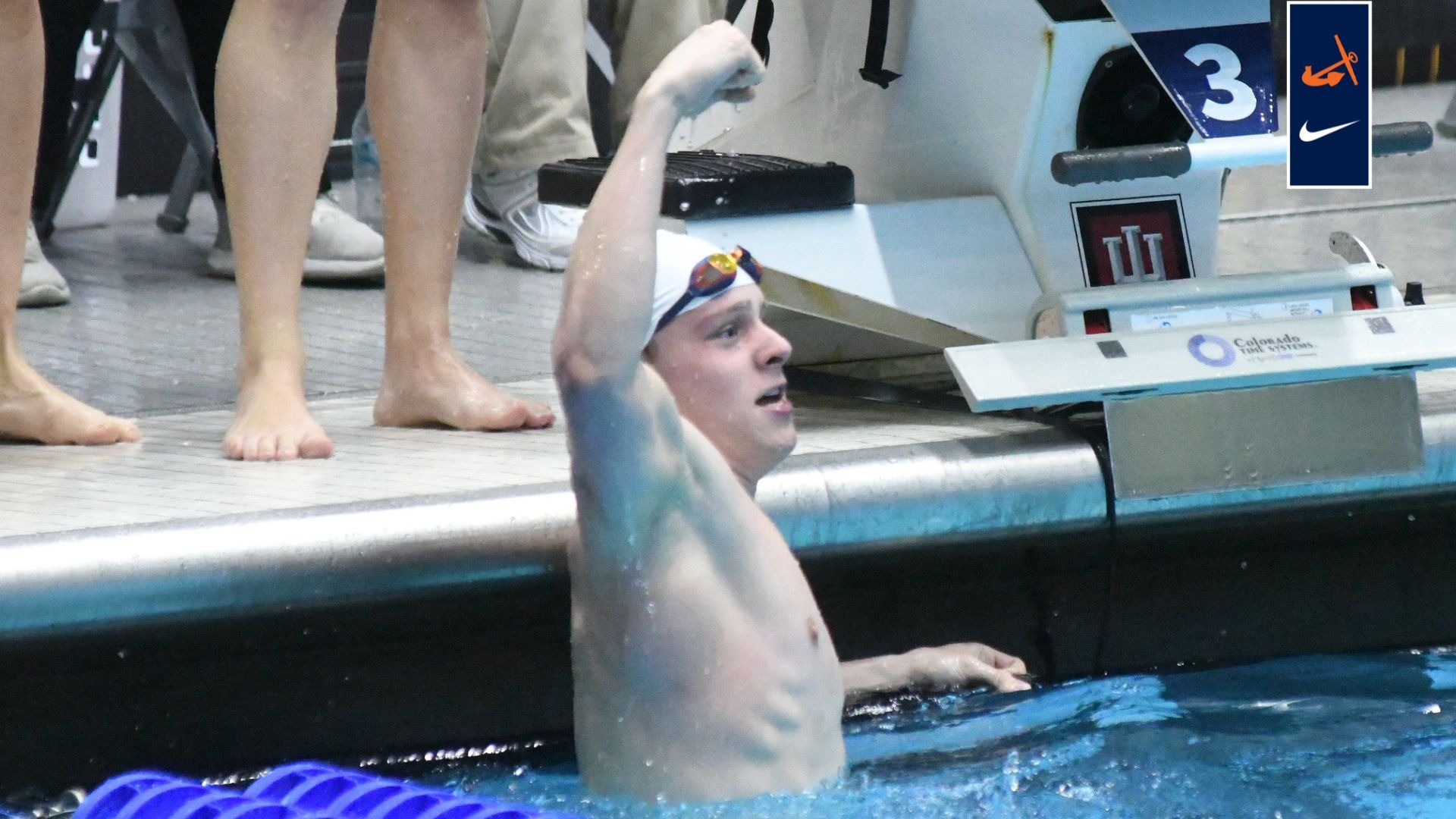 Swimmer Graham Eisenmann celebrates after a relay.