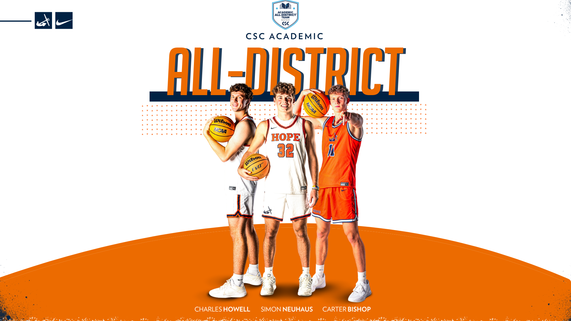 Three Hope men's basketball teammates pose for portraits.