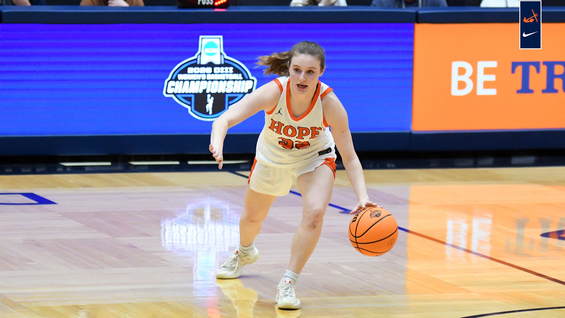Morgan Miller dribbles up the basketball court at DeVos Fieldhouse during an NCAA Tournament game.