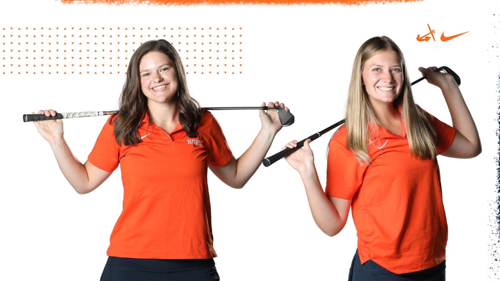 Rachael Jones and Jaiden Winters hold golf clubs.