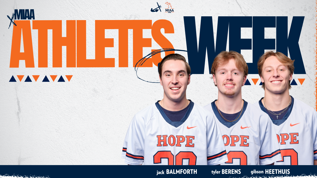 Three Hope men's lacrosse teammates pose for portraits.