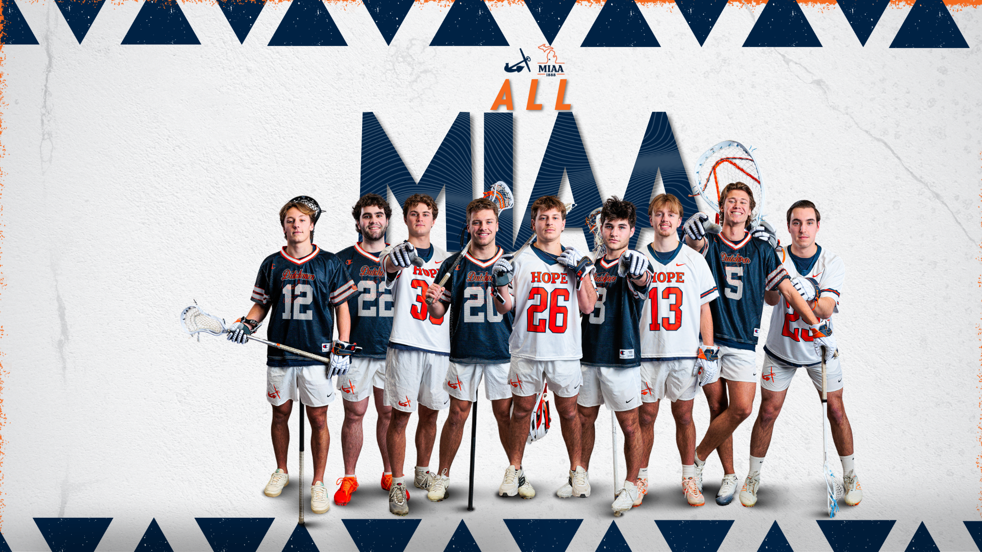 Nine Hope men's lacrosse standouts pose for portraits.