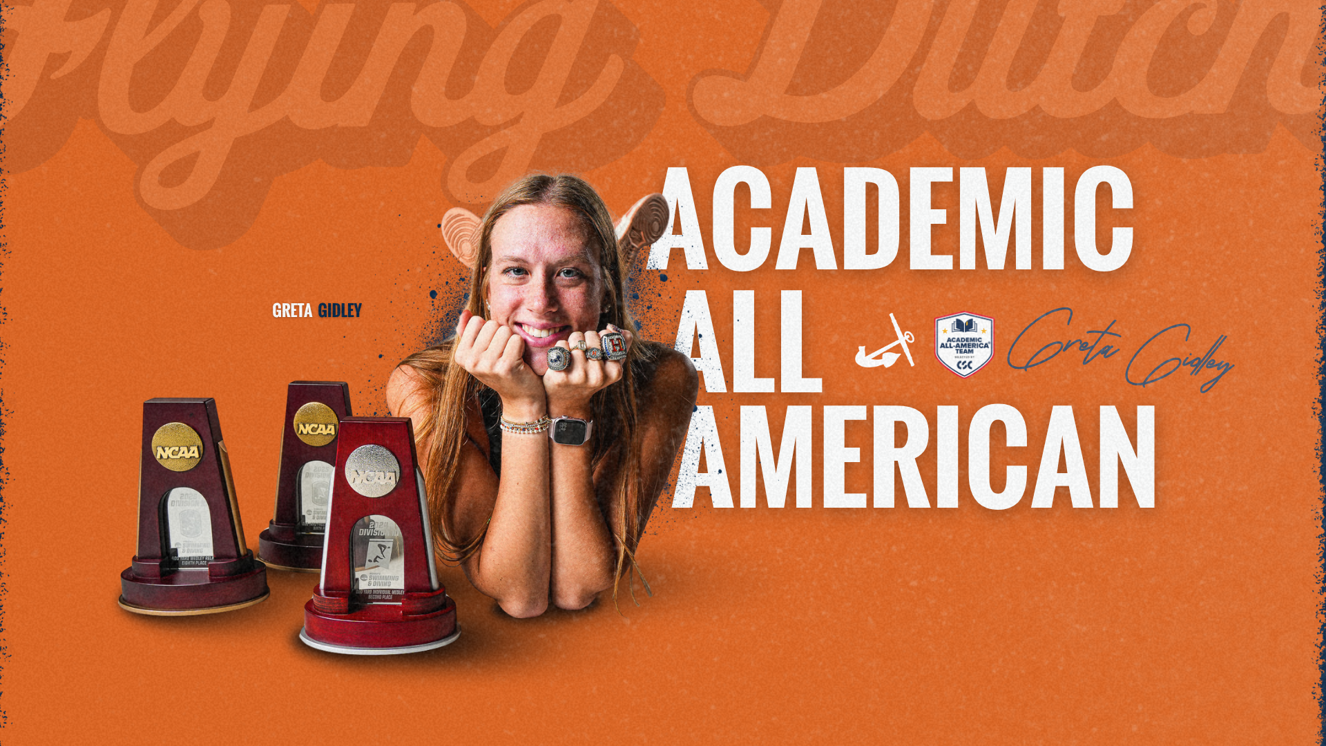 Swimmer Greta Gidley poses for a portrait with her All-America trophies.