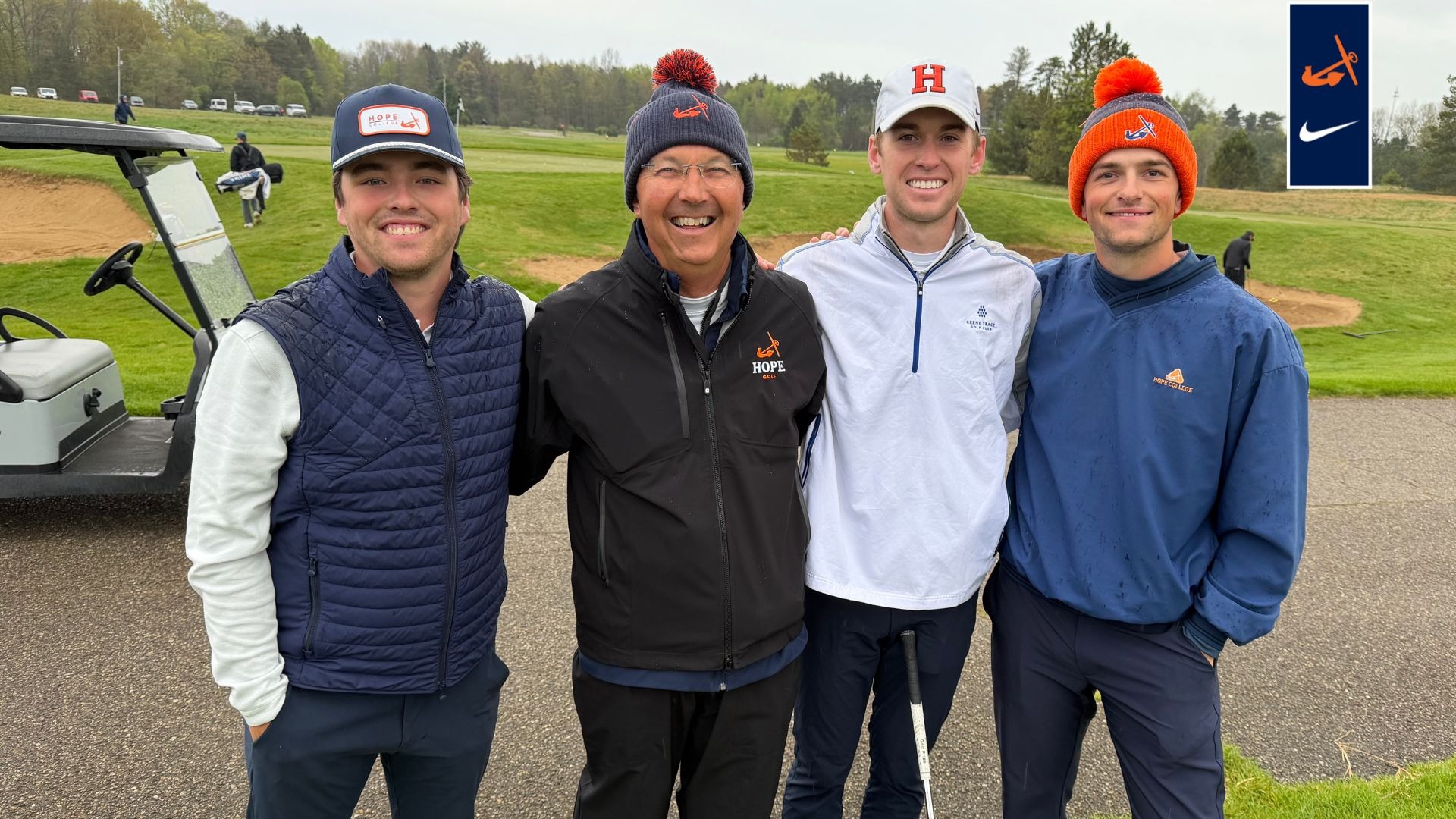 Three Hope Men's Golf seniors pose for a picture with retiring head coach Scott Lokers.