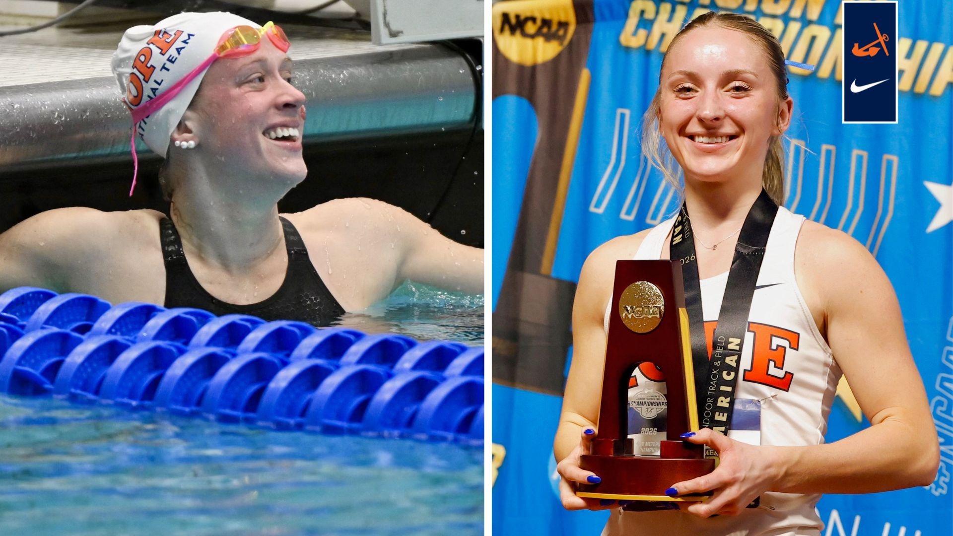 Swimmer Greta Gidley and track sprinter Sara Schermerhorn celebrate after their races.